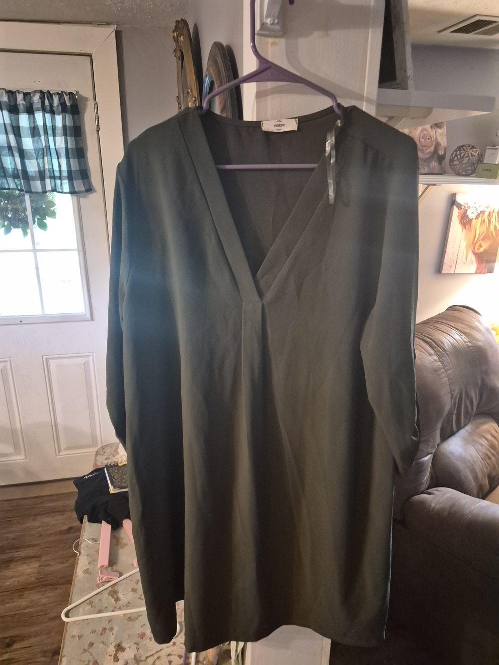Olive Green V-Neck Tunic Top